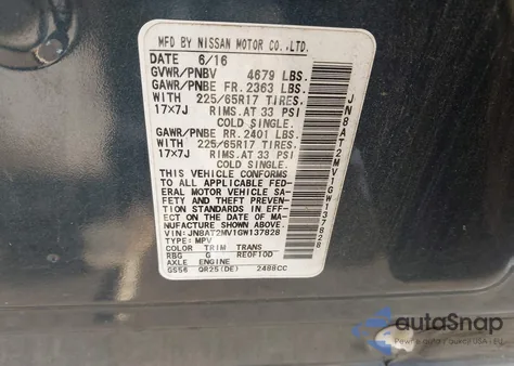 2016 Nissan Rogue Sv from USA, damaged, VIN JN8AT2MV1GW137828